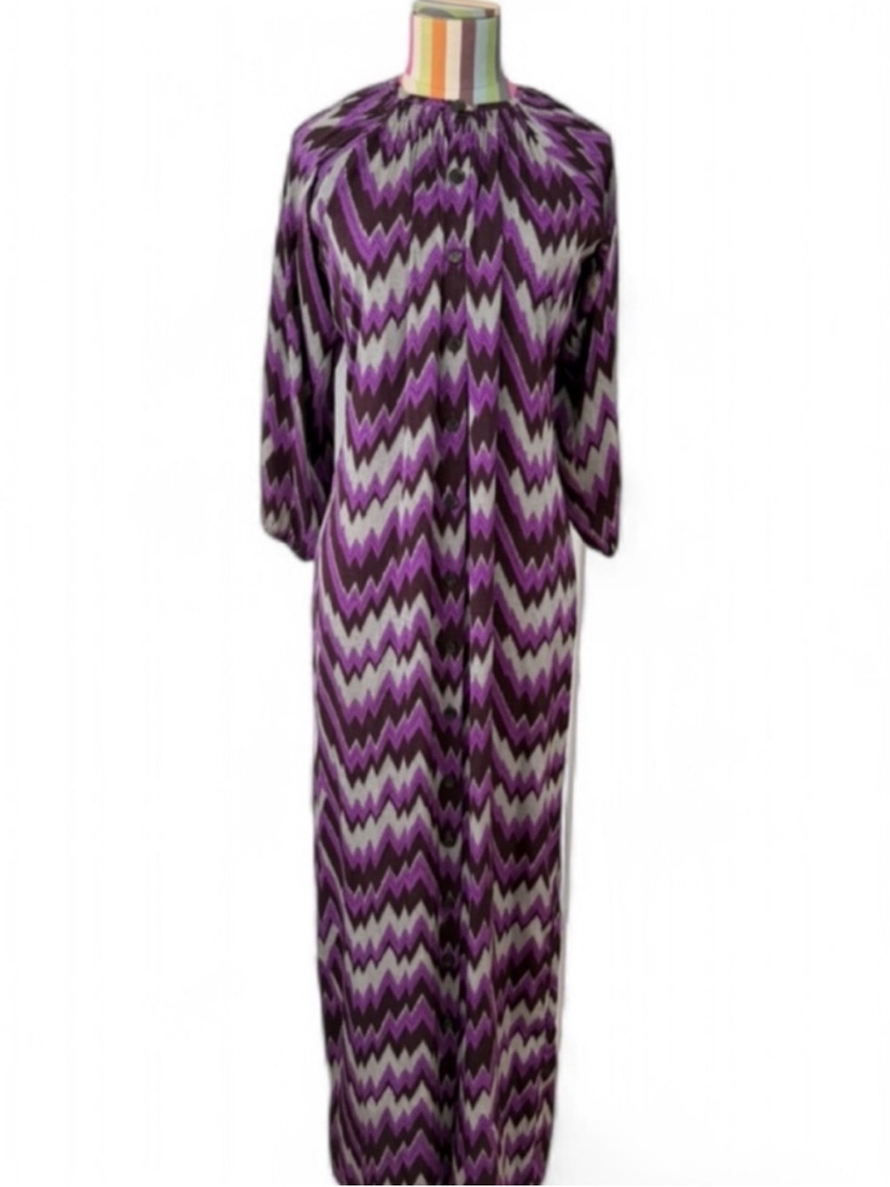 Tucker 100% Silk Purple Chevron Maxi Dress Button Down